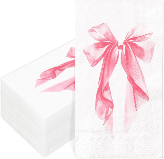 AnyDesign 50Pcs Pink Bow Guest Napkins Disposable Napkin Aesthetic Coquette Ribbon Bow Dinner Hand Paper Napkins for Wedding Birthday Bachelorette Bridal Shower Party Supplies