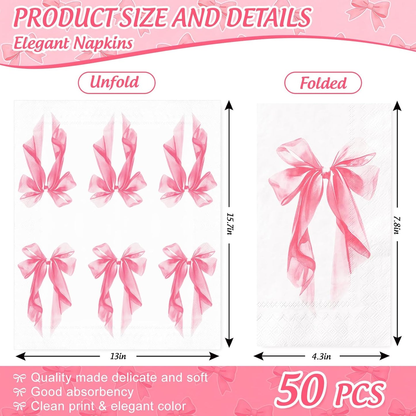 AnyDesign 50Pcs Pink Bow Guest Napkins Disposable Napkin Aesthetic Coquette Ribbon Bow Dinner Hand Paper Napkins for Wedding Birthday Bachelorette Bridal Shower Party Supplies