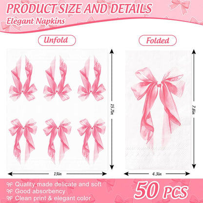 AnyDesign 50Pcs Pink Bow Guest Napkins Disposable Napkin Aesthetic Coquette Ribbon Bow Dinner Hand Paper Napkins for Wedding Birthday Bachelorette Bridal Shower Party Supplies