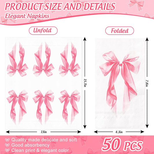 AnyDesign 50Pcs Pink Bow Guest Napkins Disposable Napkin Aesthetic Coquette Ribbon Bow Dinner Hand Paper Napkins for Wedding Birthday Bachelorette Bridal Shower Party Supplies