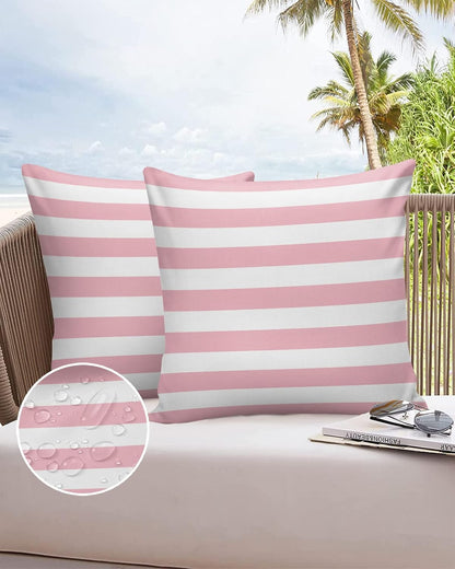 Outdoor Waterproof Pillow Covers for Patio Furniture Pink and White Stripes Decorative Throw Pillow Cover Solid Striped Pillowcases Set of 2 Cushion Case for Sofa Couch Chair 18 x 18 in