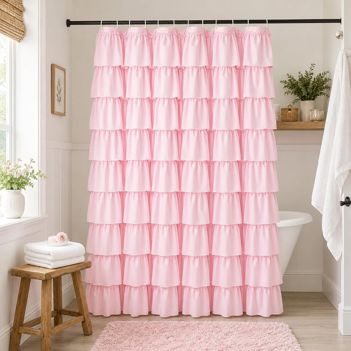 Pink Ruffle Shower Curtain for Master bathroom, 72x72 in, Shabby Chic Look