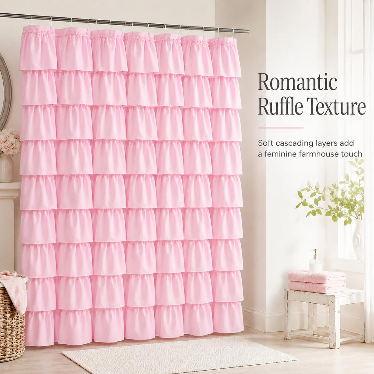 Pink Ruffle Shower Curtain for Master bathroom, 72x72 in, Shabby Chic Look