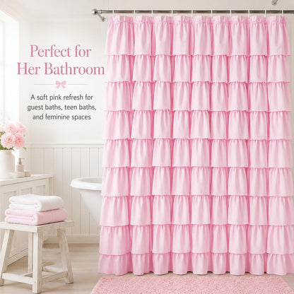 Pink Ruffle Shower Curtain for Master bathroom, 72x72 in, Shabby Chic Look