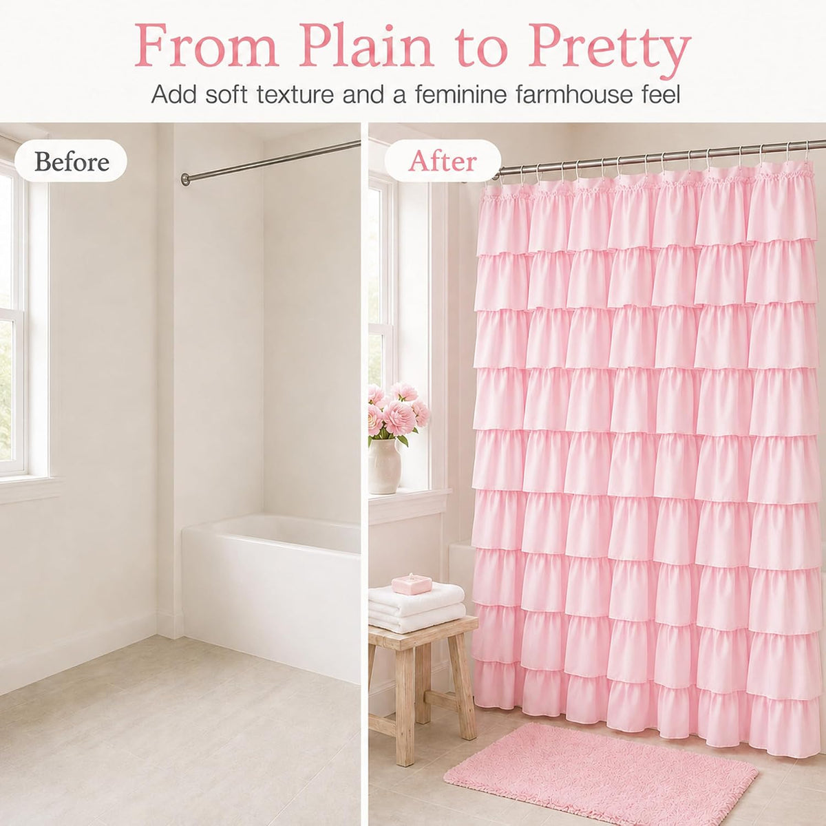 Pink Ruffle Shower Curtain for Master bathroom, 72x72 in, Shabby Chic Look