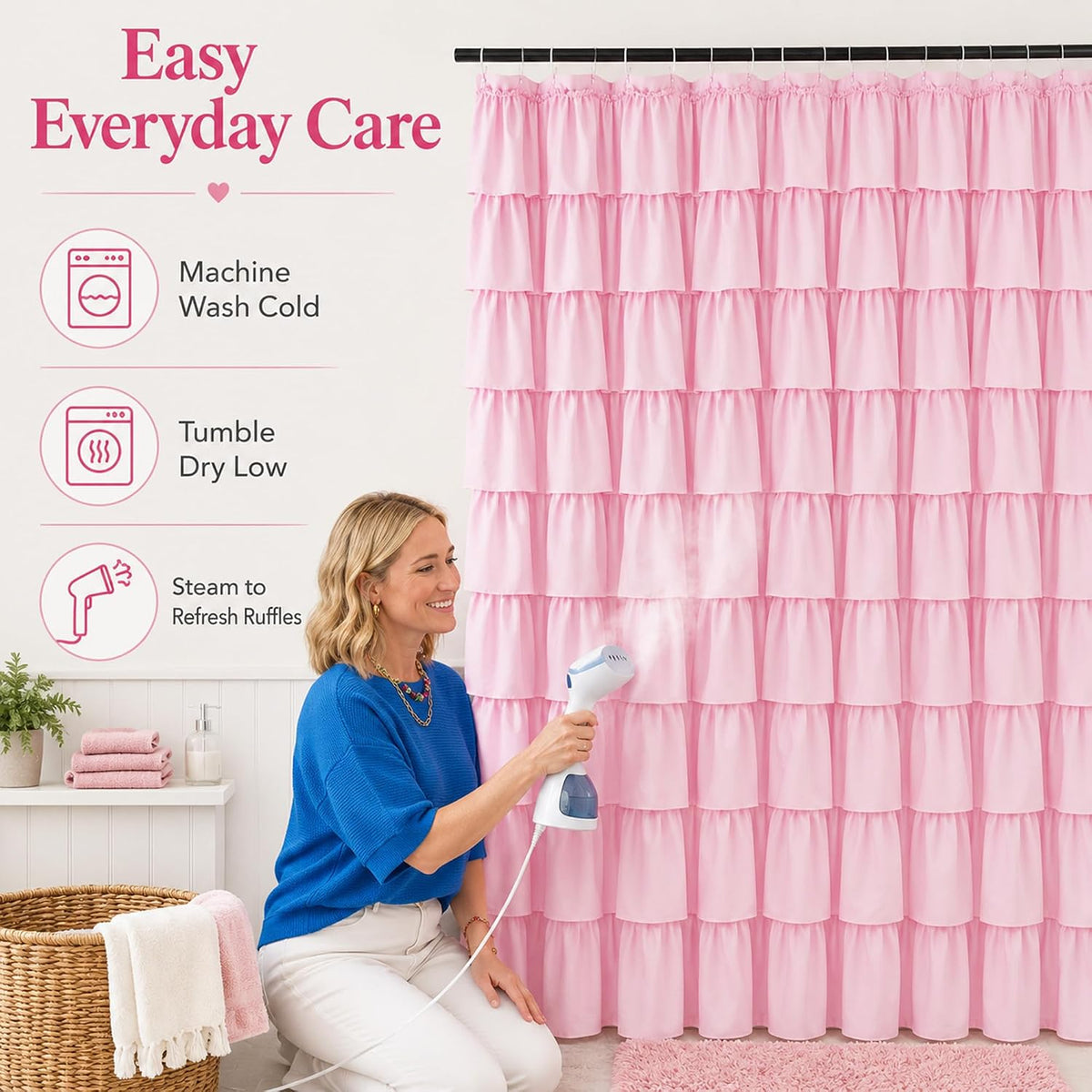Pink Ruffle Shower Curtain for Master bathroom, 72x72 in, Shabby Chic Look