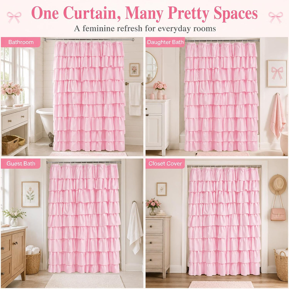 Pink Ruffle Shower Curtain for Master bathroom, 72x72 in, Shabby Chic Look