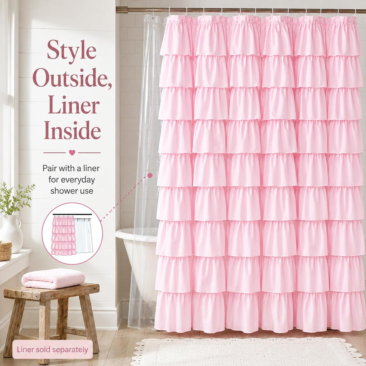 Pink Ruffle Shower Curtain for Master bathroom, 72x72 in, Shabby Chic Look