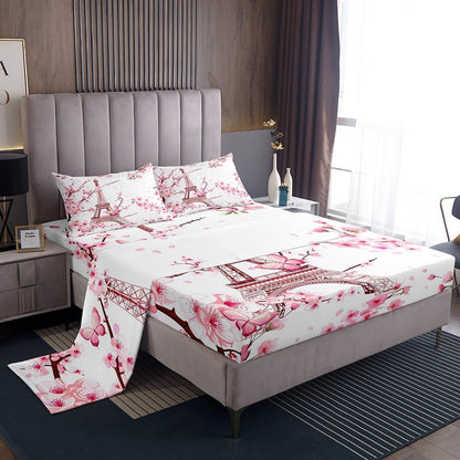 Eiffel Tower Bed Sheet Set Kids Pink Cherry Blossoms Sheets Set 4pc Peach Blossom Microfiber Soft Bedding Set,1 Flat Sheet,1 Deep Pocket Fitted Sheet,2 Pillow Cases（King Size）