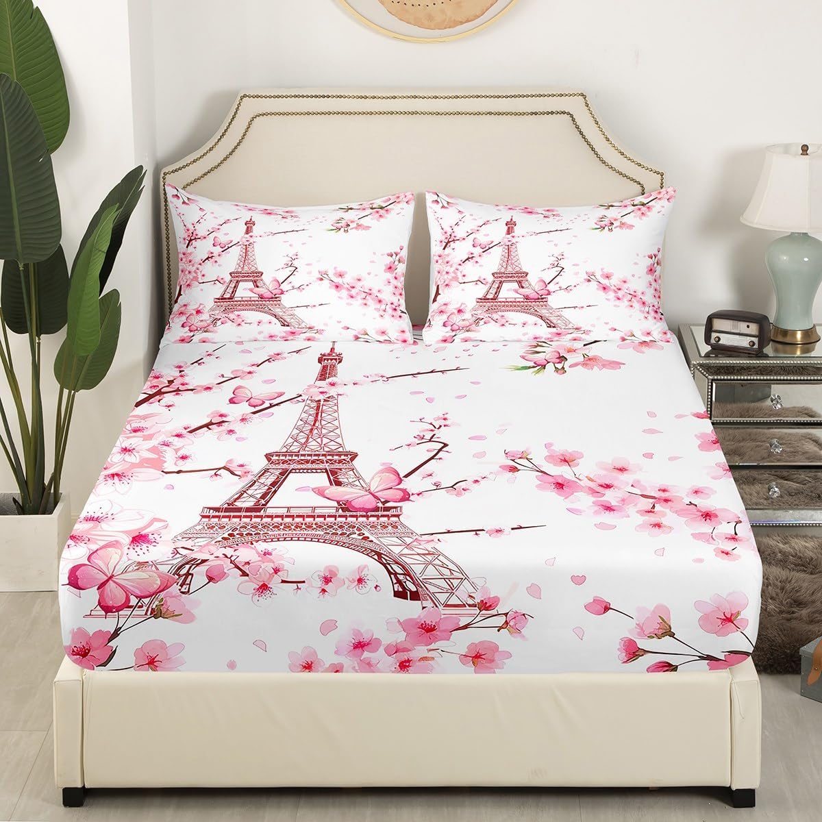 Eiffel Tower Bed Sheet Set Kids Pink Cherry Blossoms Sheets Set 4pc Peach Blossom Microfiber Soft Bedding Set,1 Flat Sheet,1 Deep Pocket Fitted Sheet,2 Pillow Cases（King Size）