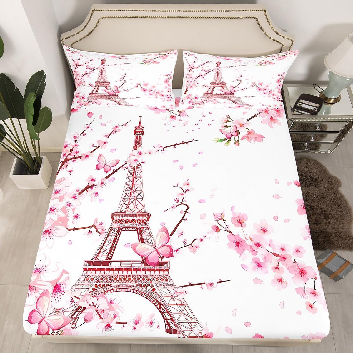 Eiffel Tower Bed Sheet Set Kids Pink Cherry Blossoms Sheets Set 4pc Peach Blossom Microfiber Soft Bedding Set,1 Flat Sheet,1 Deep Pocket Fitted Sheet,2 Pillow Cases（King Size）