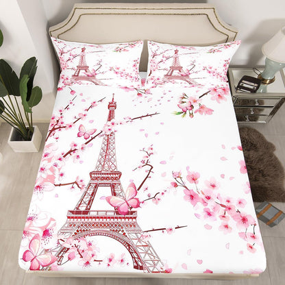 Eiffel Tower Bed Sheet Set Kids Pink Cherry Blossoms Sheets Set 4pc Peach Blossom Microfiber Soft Bedding Set,1 Flat Sheet,1 Deep Pocket Fitted Sheet,2 Pillow Cases（King Size）