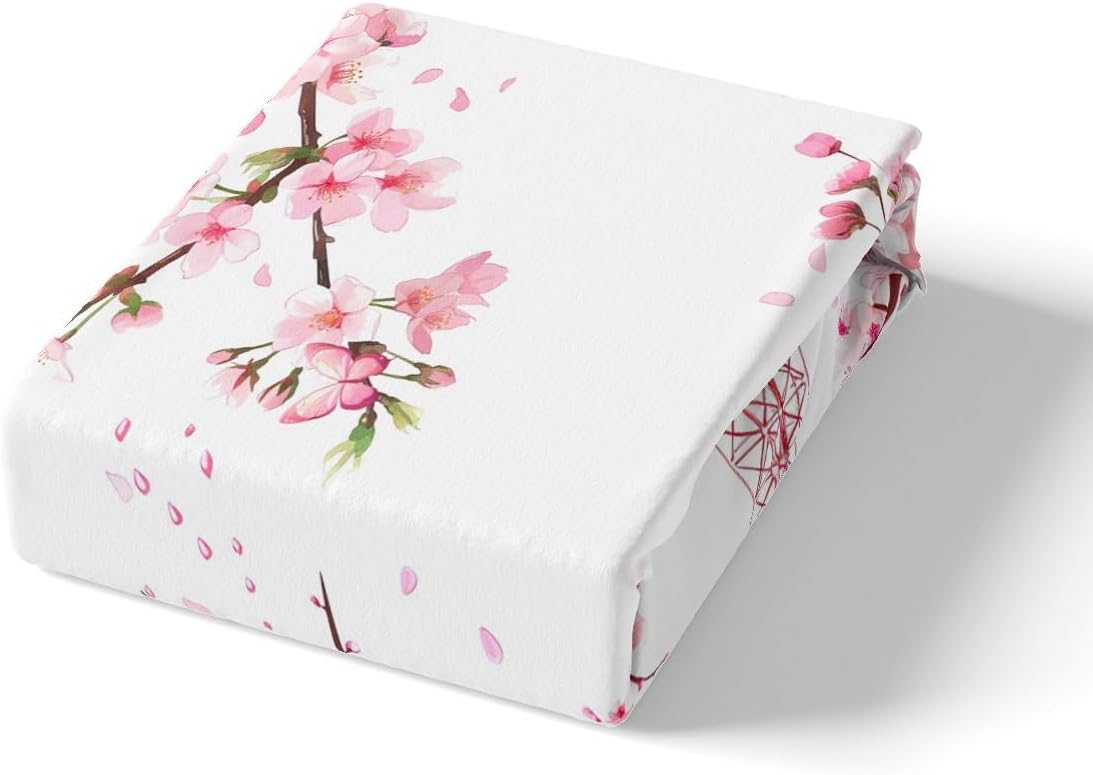 Eiffel Tower Bed Sheet Set Kids Pink Cherry Blossoms Sheets Set 4pc Peach Blossom Microfiber Soft Bedding Set,1 Flat Sheet,1 Deep Pocket Fitted Sheet,2 Pillow Cases（King Size）