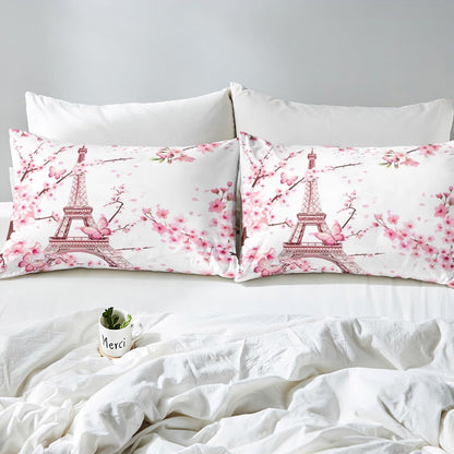 Eiffel Tower Bed Sheet Set Kids Pink Cherry Blossoms Sheets Set 4pc Peach Blossom Microfiber Soft Bedding Set,1 Flat Sheet,1 Deep Pocket Fitted Sheet,2 Pillow Cases（King Size）