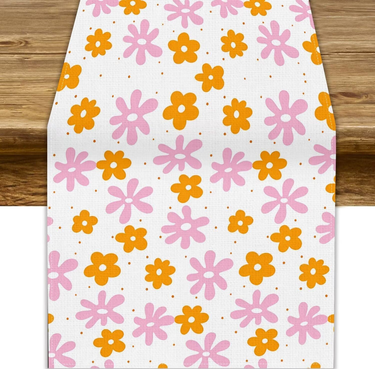 Pink Orange Flower Table Runner, Retro 70s Hippie Groovy Daisy Floral Print Tabletop Cloth for Dining Table Holiday Party Decorations Oriental Decor, 13x36inch