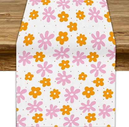 Pink Orange Flower Table Runner, Retro 70s Hippie Groovy Daisy Floral Print Tabletop Cloth for Dining Table Holiday Party Decorations Oriental Decor, 13x36inch