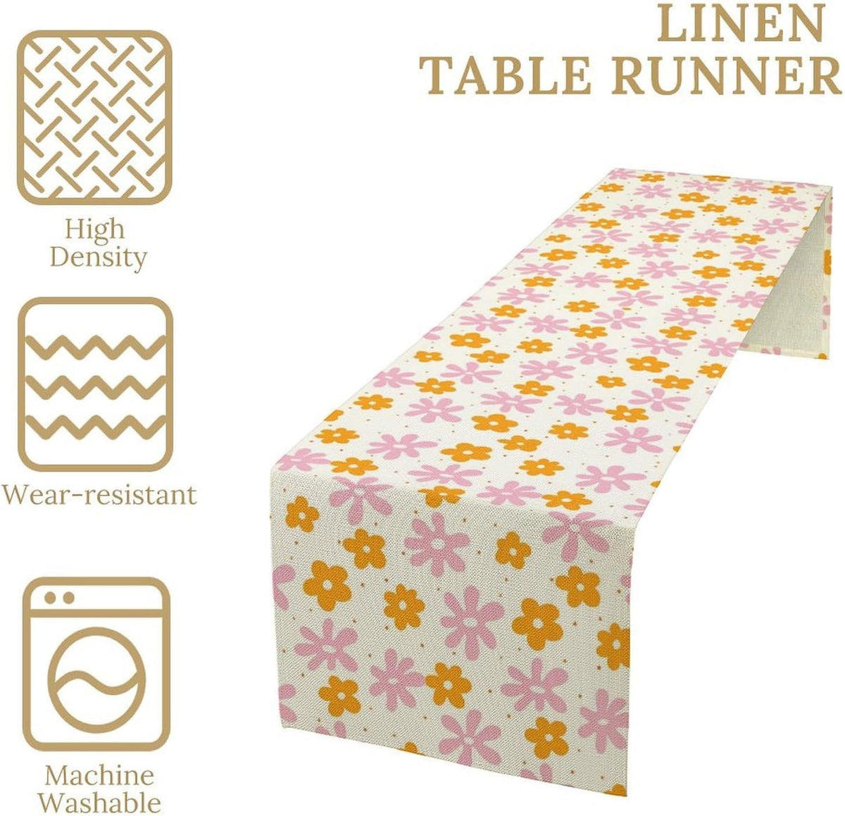 Pink Orange Flower Table Runner, Retro 70s Hippie Groovy Daisy Floral Print Tabletop Cloth for Dining Table Holiday Party Decorations Oriental Decor, 13x36inch