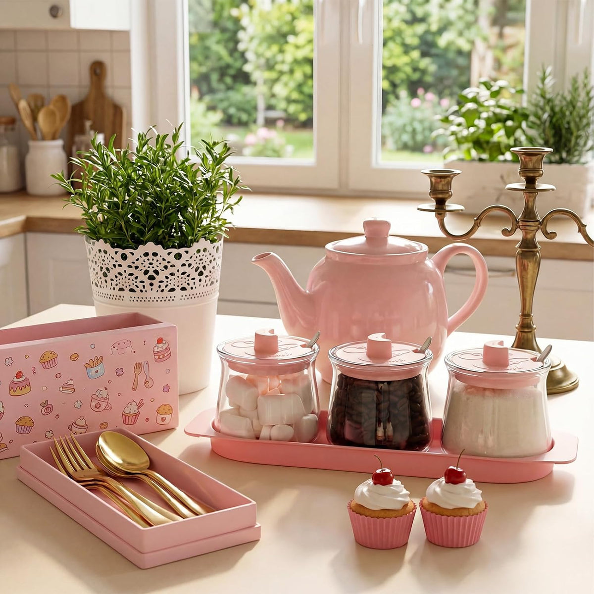 3 Pcs Pink Coffee Bar Accessories Set, Pink Kitchen Decoration