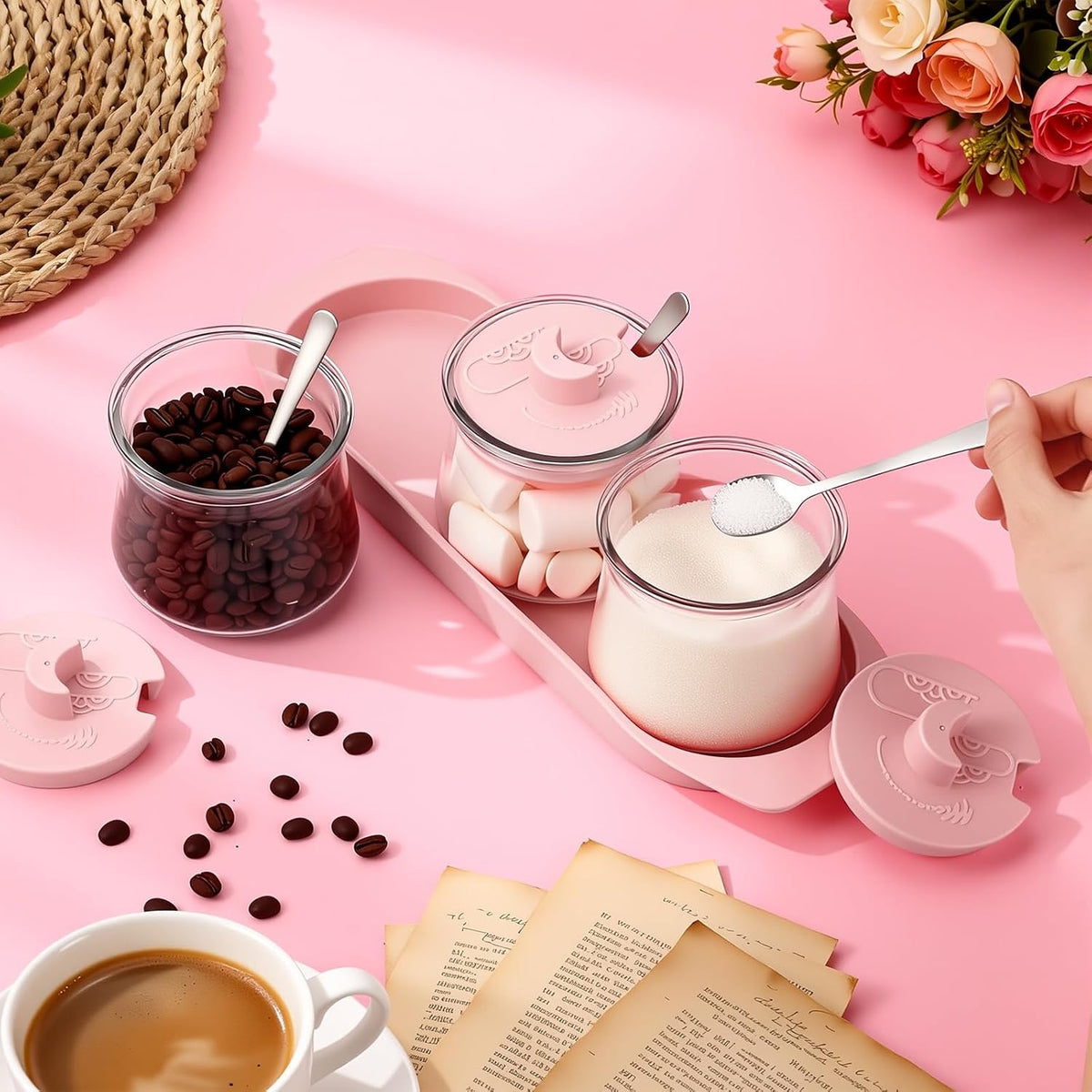 3 Pcs Pink Coffee Bar Accessories Set, Pink Kitchen Decoration