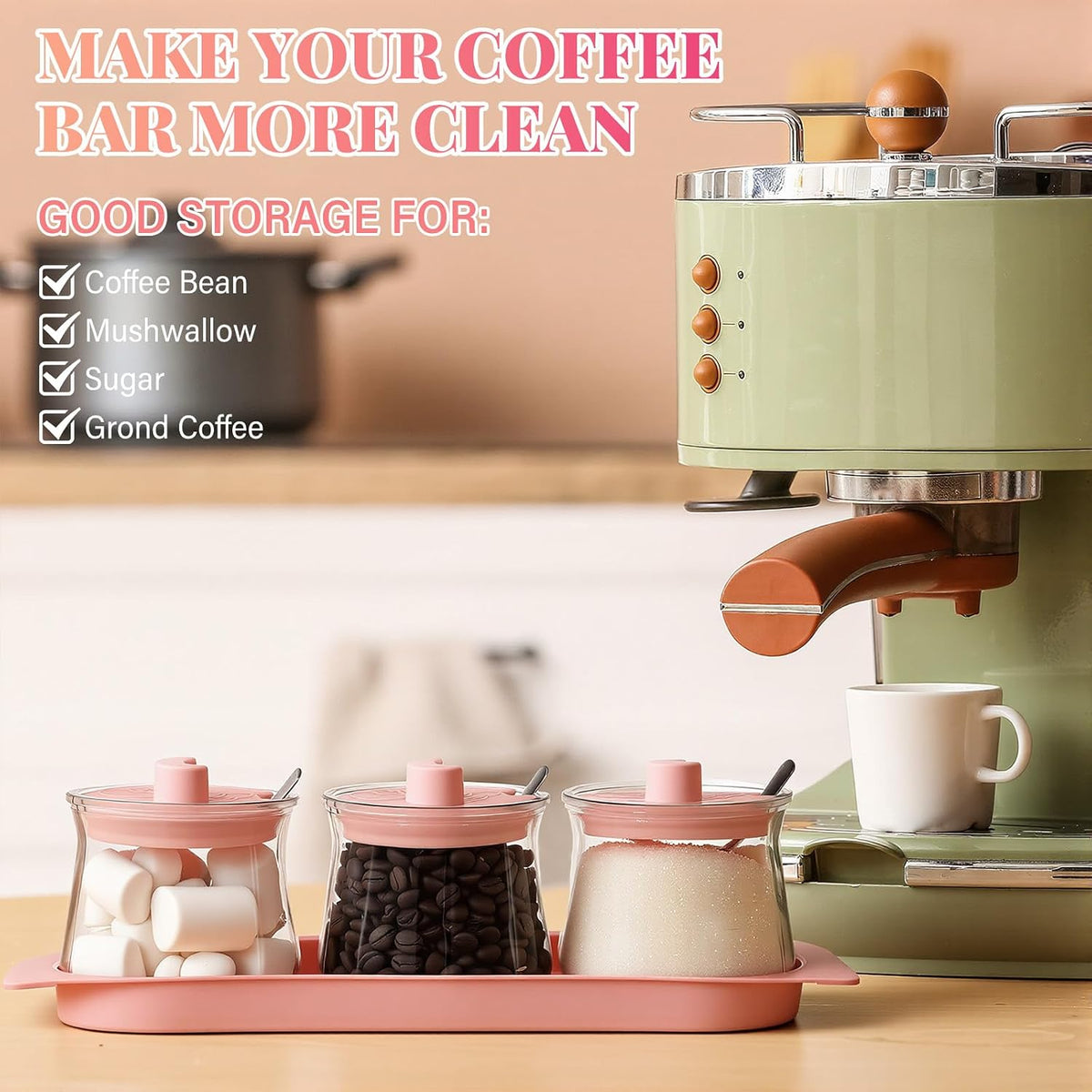3 Pcs Pink Coffee Bar Accessories Set, Pink Kitchen Decoration