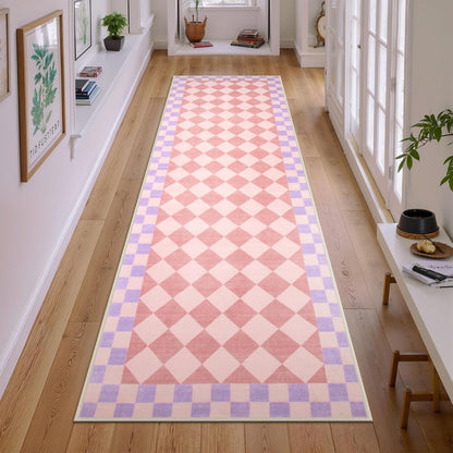 Pink Checkered Rug Runner for Hallways, 2x7 Washable Rug for Bedroom Non Slip Bath Mat, Soft Low Pile Checkerboard Indoor Carpet for Nursery Kids Room Playroom