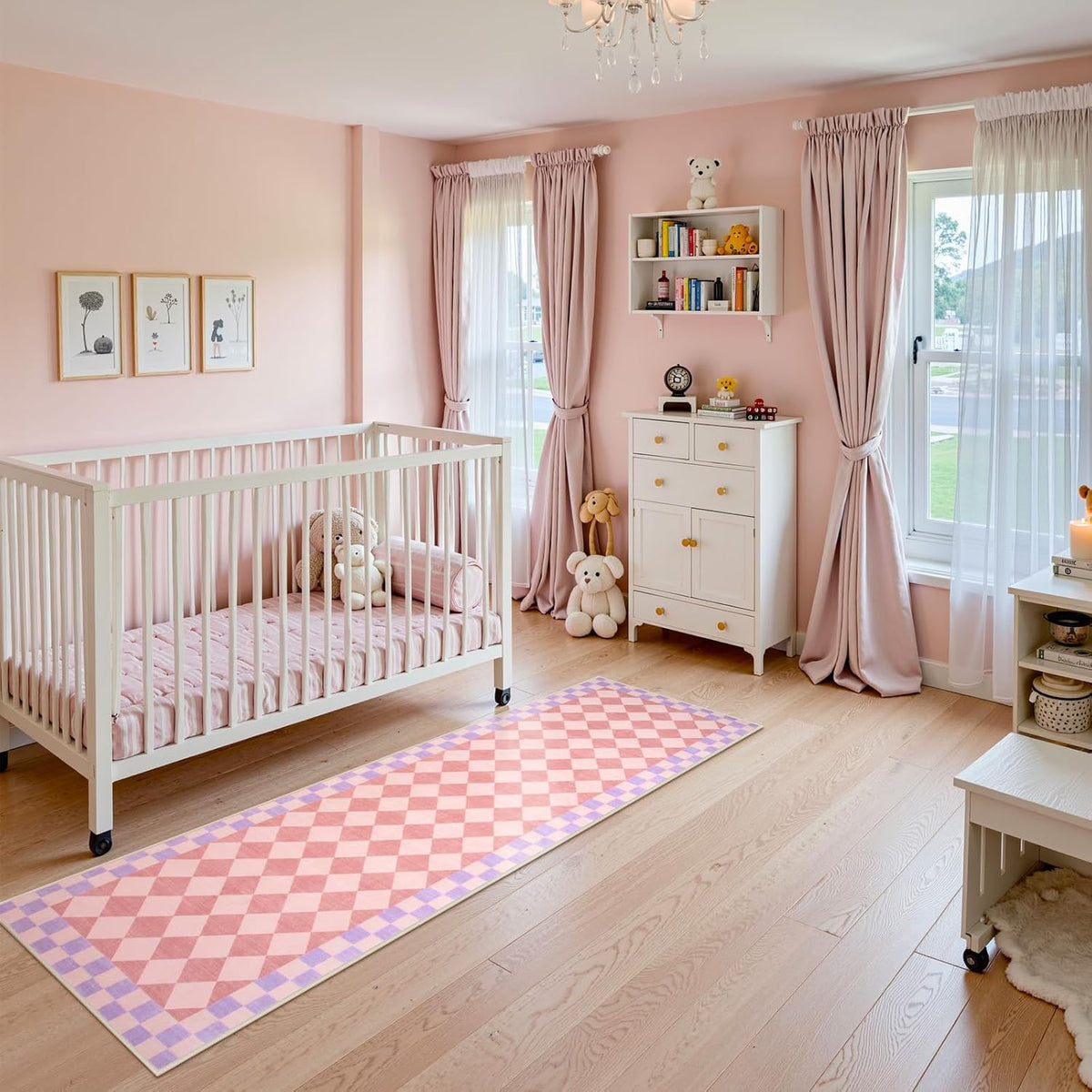 Pink Checkered Rug Runner for Hallways, 2x7 Washable Rug for Bedroom Non Slip Bath Mat, Soft Low Pile Checkerboard Indoor Carpet for Nursery Kids Room Playroom