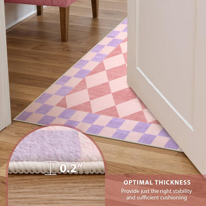 Pink Checkered Rug Runner for Hallways, 2x7 Washable Rug for Bedroom Non Slip Bath Mat, Soft Low Pile Checkerboard Indoor Carpet for Nursery Kids Room Playroom