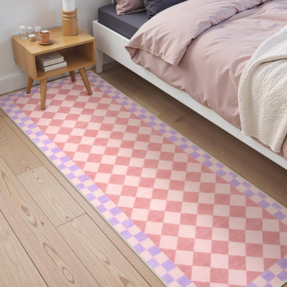 Pink Checkered Rug Runner for Hallways, 2x7 Washable Rug for Bedroom Non Slip Bath Mat, Soft Low Pile Checkerboard Indoor Carpet for Nursery Kids Room Playroom