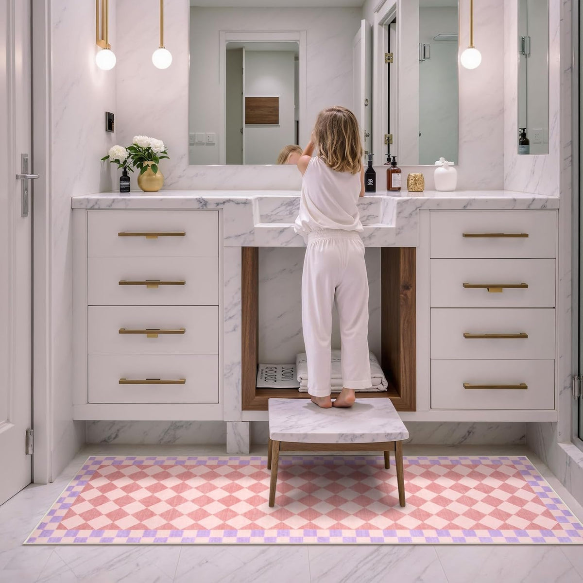 Pink Checkered Rug Runner for Hallways, 2x7 Washable Rug for Bedroom Non Slip Bath Mat, Soft Low Pile Checkerboard Indoor Carpet for Nursery Kids Room Playroom