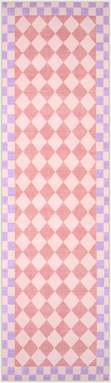 Pink Checkered Rug Runner for Hallways, 2x7 Washable Rug for Bedroom Non Slip Bath Mat, Soft Low Pile Checkerboard Indoor Carpet for Nursery Kids Room Playroom