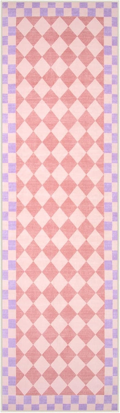 Pink Checkered Rug Runner for Hallways, 2x7 Washable Rug for Bedroom Non Slip Bath Mat, Soft Low Pile Checkerboard Indoor Carpet for Nursery Kids Room Playroom
