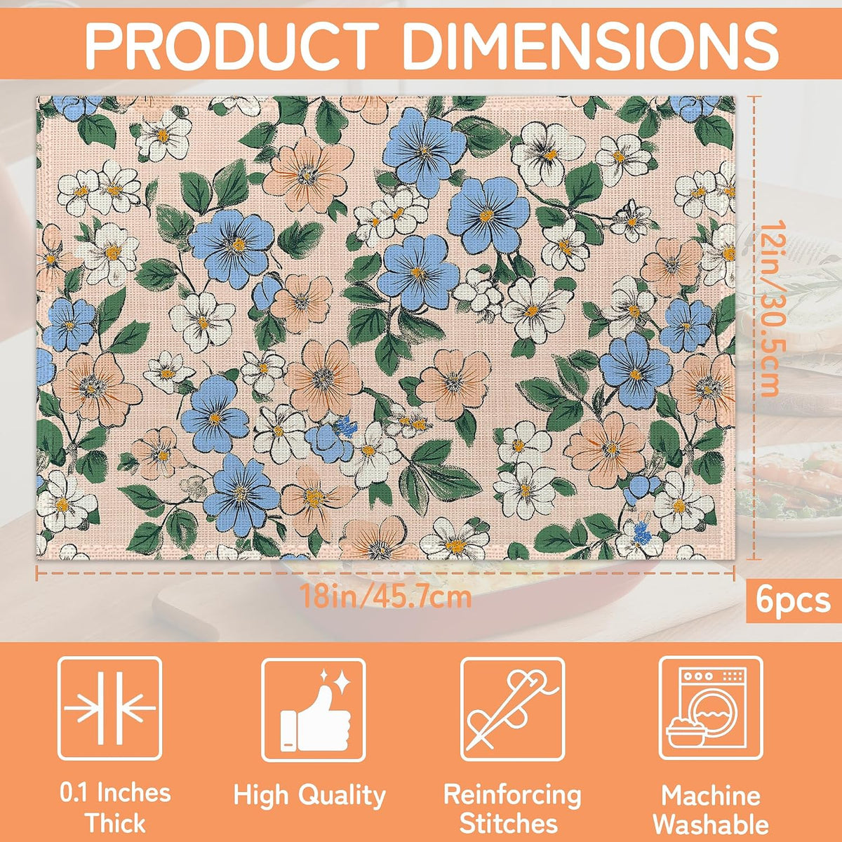 Cute Blue Pink Flowers Table Mats Set of 6,Non-Slip Washable Placemats for Restaurant Home Kitchen Dinner Table 12x18Inch