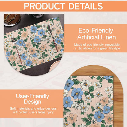 Cute Blue Pink Flowers Table Mats Set of 6,Non-Slip Washable Placemats for Restaurant Home Kitchen Dinner Table 12x18Inch