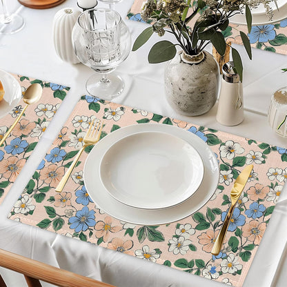 Cute Blue Pink Flowers Table Mats Set of 6,Non-Slip Washable Placemats for Restaurant Home Kitchen Dinner Table 12x18Inch