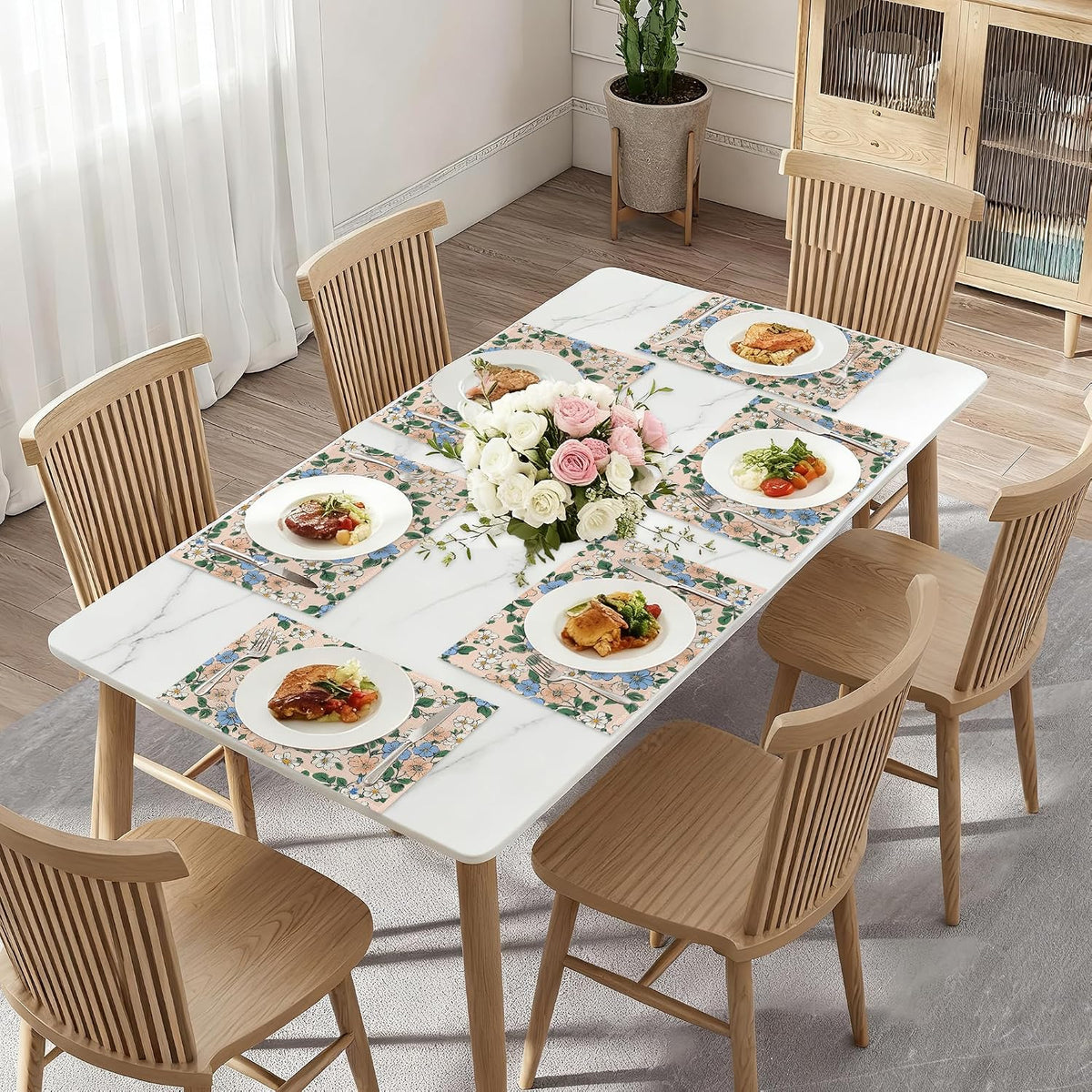 Cute Blue Pink Flowers Table Mats Set of 6,Non-Slip Washable Placemats for Restaurant Home Kitchen Dinner Table 12x18Inch
