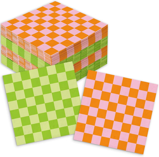 100Pcs Summer Pink Green Checkered Cocktail Napkin Colorful Gingham Disposable Napkins Retro Paper Drink Beverage Napkin for Glamping Birthday Bachelorette Party Table Decor