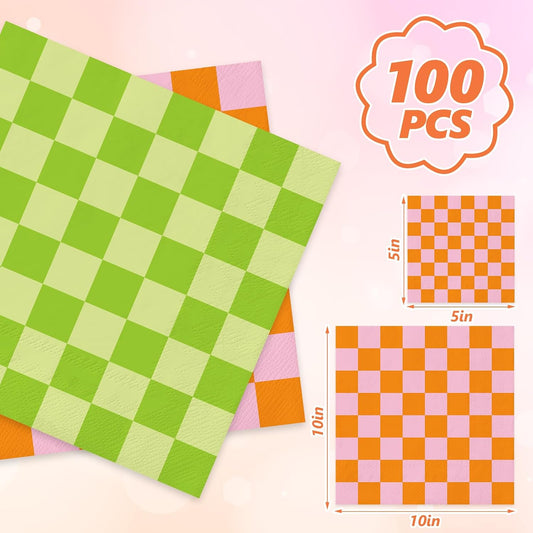 100Pcs Summer Pink Green Checkered Cocktail Napkin Colorful Gingham Disposable Napkins Retro Paper Drink Beverage Napkin for Glamping Birthday Bachelorette Party Table Decor