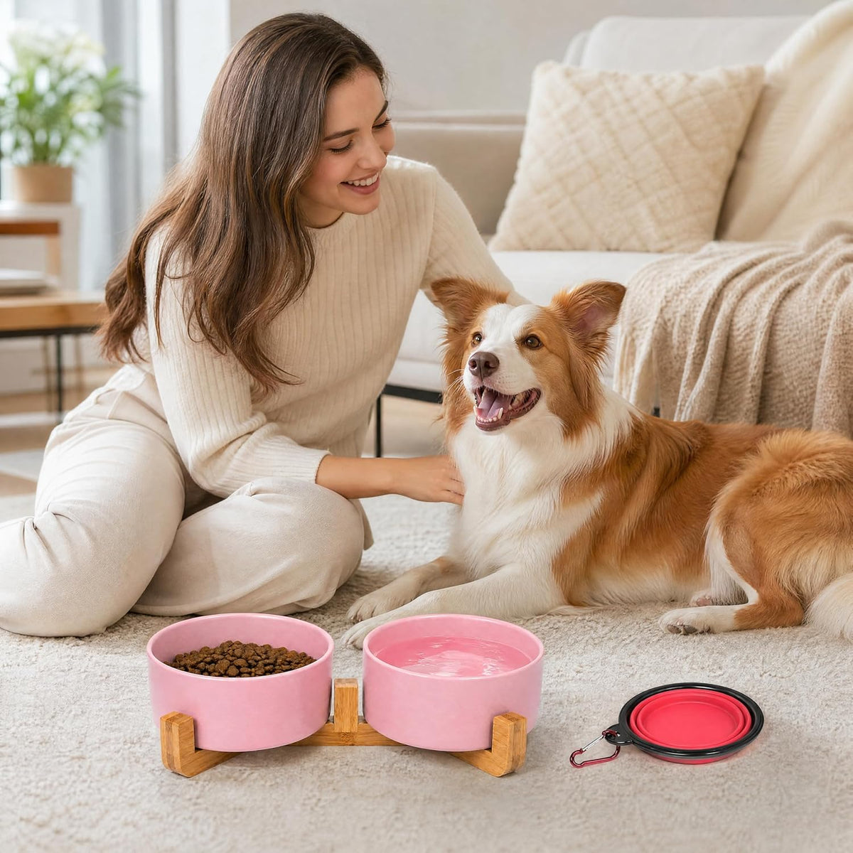 Petygooing Ceramic Cat Dog Bowl Set with Stand,Pink Pet Food and Water Dish,Small Dog Bowls Anti Slip Set of 2 Cat Bowls Pet Food Dishes Pet Bowl Small Size Pet (13.5OZ/5.1 in)