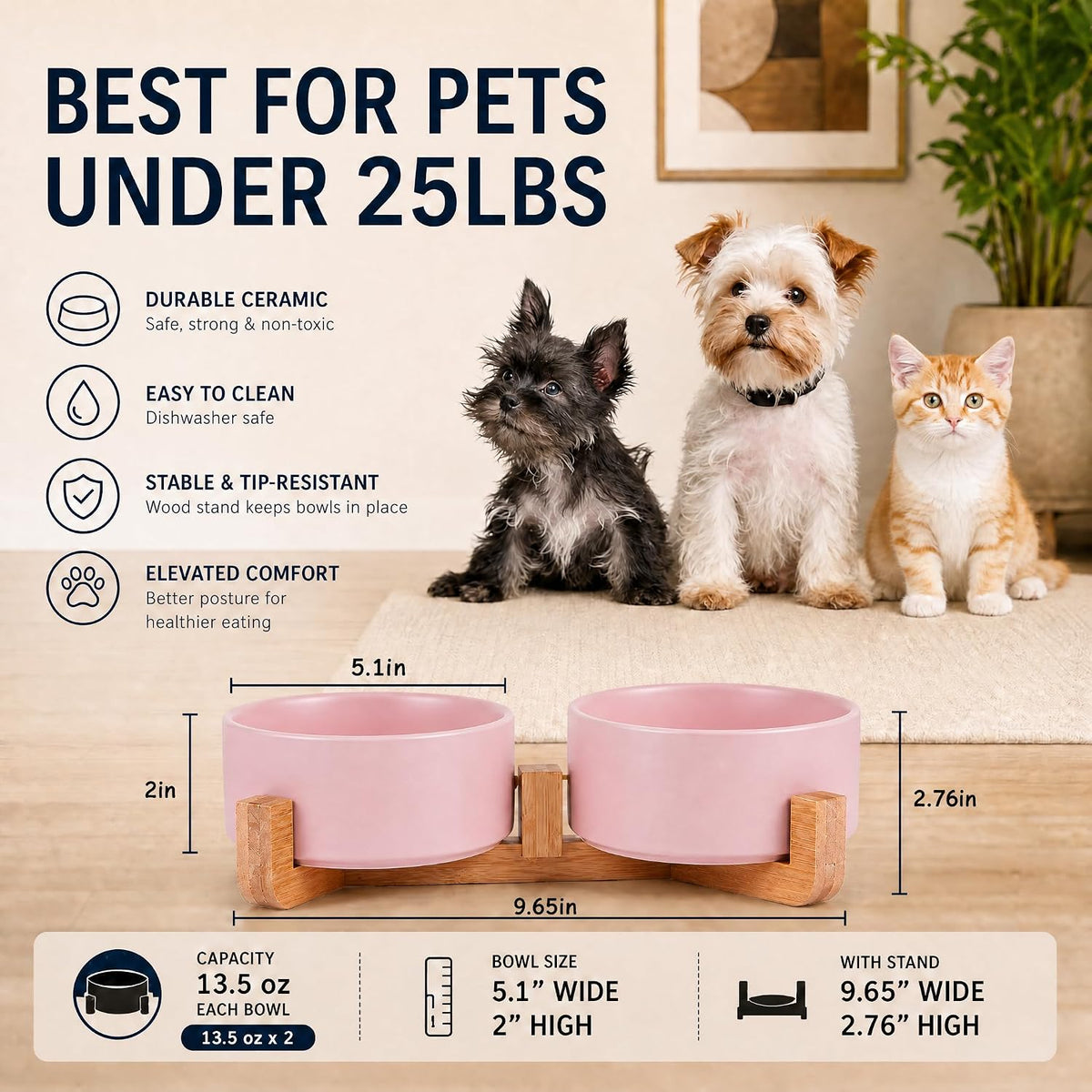 Petygooing Ceramic Cat Dog Bowl Set with Stand,Pink Pet Food and Water Dish,Small Dog Bowls Anti Slip Set of 2 Cat Bowls Pet Food Dishes Pet Bowl Small Size Pet (13.5OZ/5.1 in)
