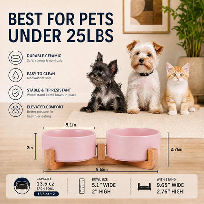 Petygooing Ceramic Cat Dog Bowl Set with Stand,Pink Pet Food and Water Dish,Small Dog Bowls Anti Slip Set of 2 Cat Bowls Pet Food Dishes Pet Bowl Small Size Pet (13.5OZ/5.1 in)