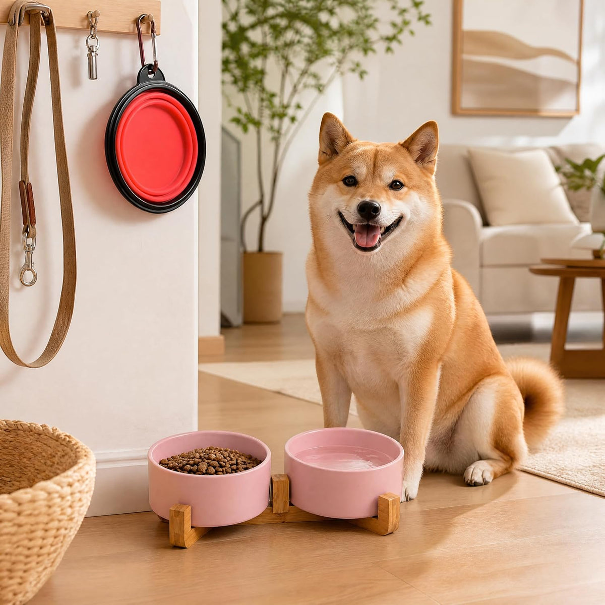Petygooing Ceramic Cat Dog Bowl Set with Stand,Pink Pet Food and Water Dish,Small Dog Bowls Anti Slip Set of 2 Cat Bowls Pet Food Dishes Pet Bowl Small Size Pet (13.5OZ/5.1 in)