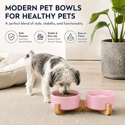 Petygooing Ceramic Cat Dog Bowl Set with Stand,Pink Pet Food and Water Dish,Small Dog Bowls Anti Slip Set of 2 Cat Bowls Pet Food Dishes Pet Bowl Small Size Pet (13.5OZ/5.1 in)