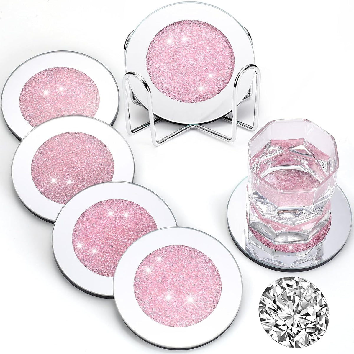 6 Pcs Mirrored Glass Coasters with Holder, Bling, Pink, 4 Inch