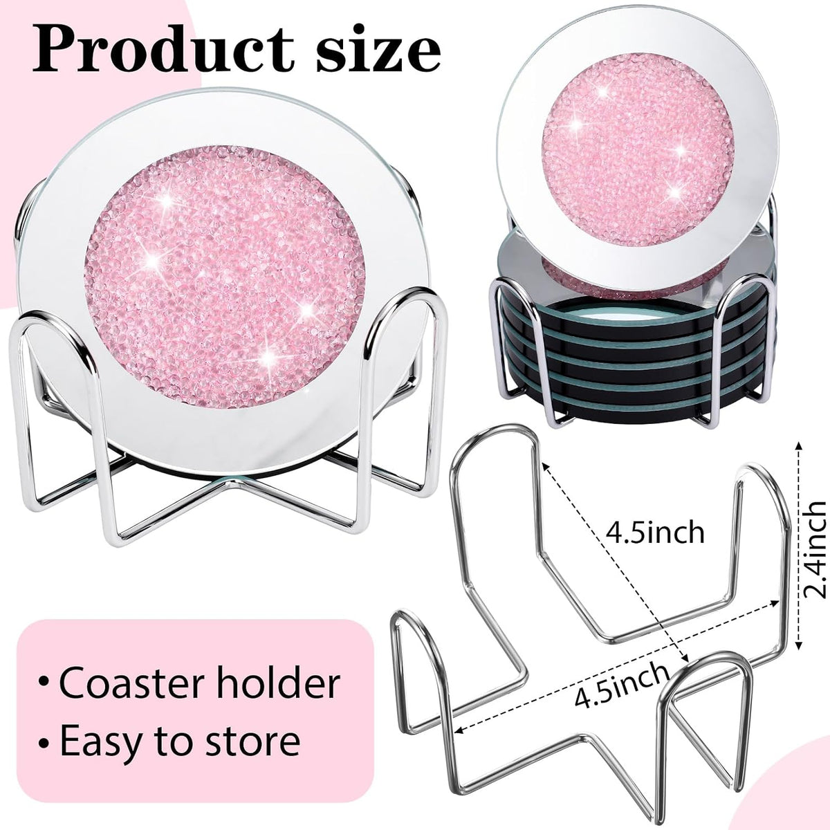 6 Pcs Mirrored Glass Coasters with Holder, Bling, Pink, 4 Inch
