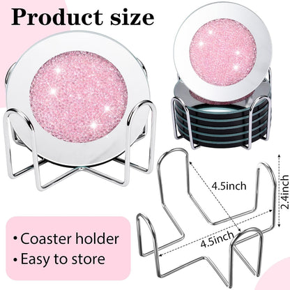 6 Pcs Mirrored Glass Coasters with Holder, Bling, Pink, 4 Inch