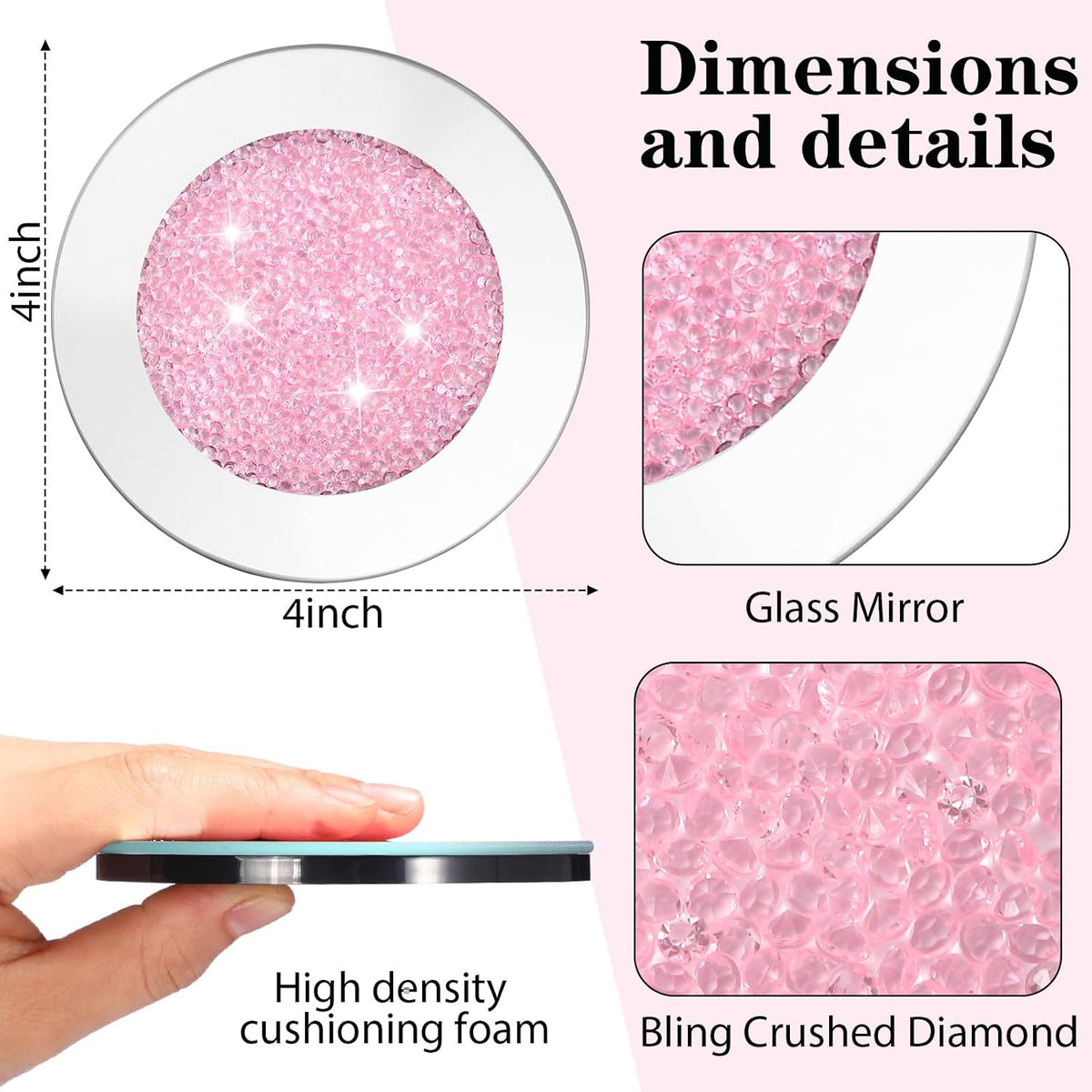 6 Pcs Mirrored Glass Coasters with Holder, Bling, Pink, 4 Inch