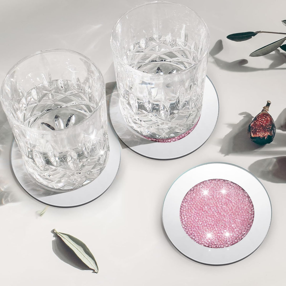 6 Pcs Mirrored Glass Coasters with Holder, Bling, Pink, 4 Inch