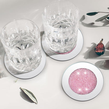 6 Pcs Mirrored Glass Coasters with Holder, Bling, Pink, 4 Inch