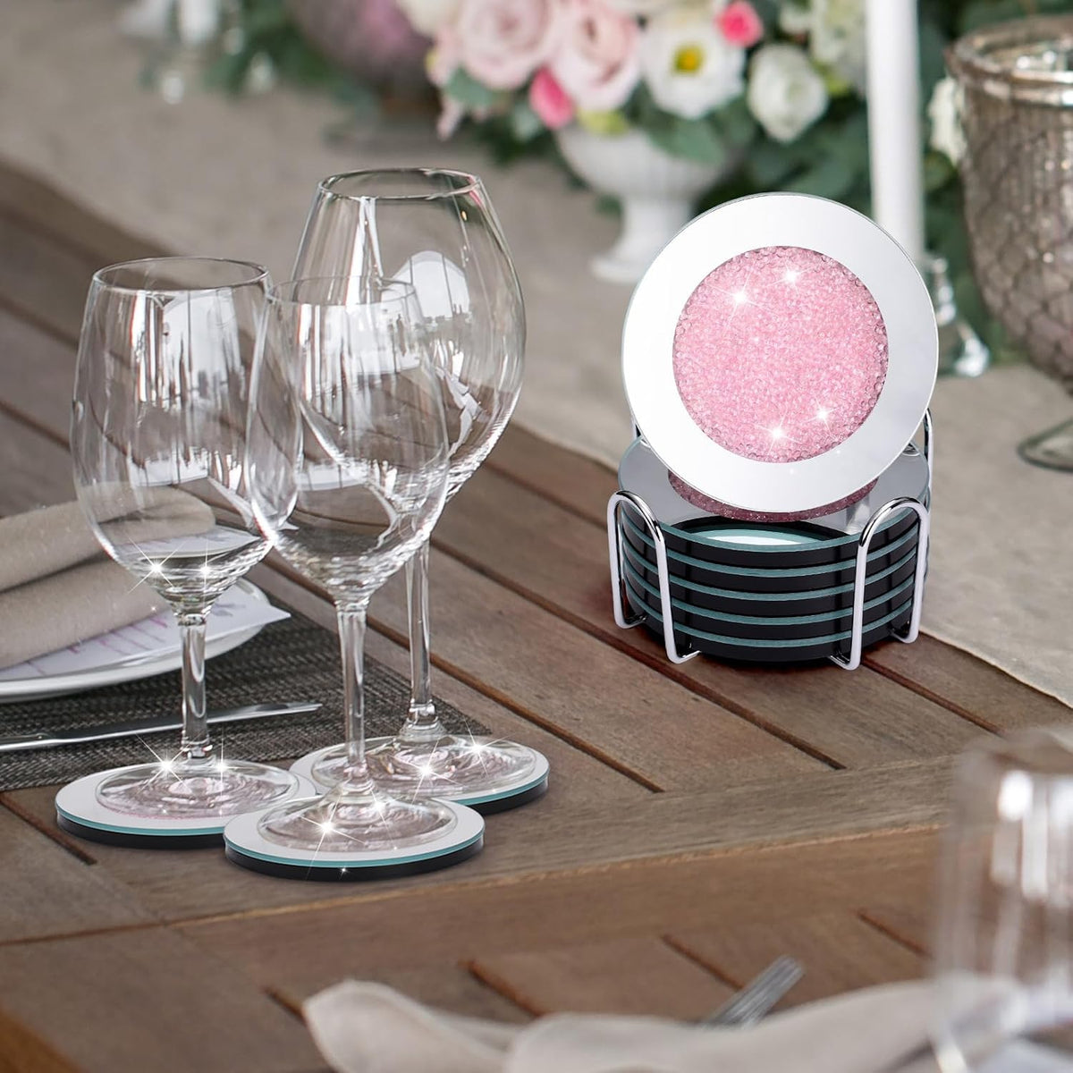 6 Pcs Mirrored Glass Coasters with Holder, Bling, Pink, 4 Inch