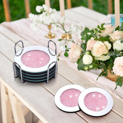 6 Pcs Mirrored Glass Coasters with Holder, Bling, Pink, 4 Inch